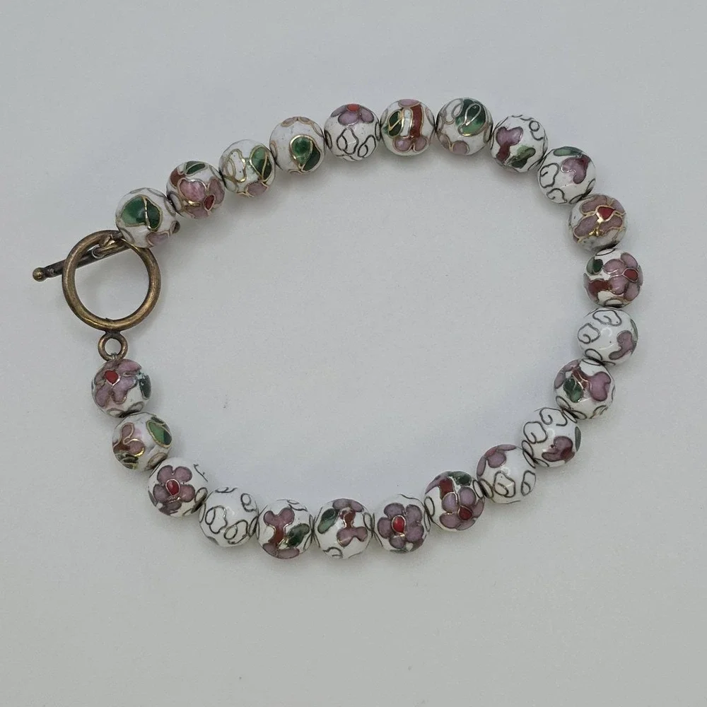 Vtg Authentic Chinese Cloisonné Bracelet Bead White Green‎ Enamel Floral 8